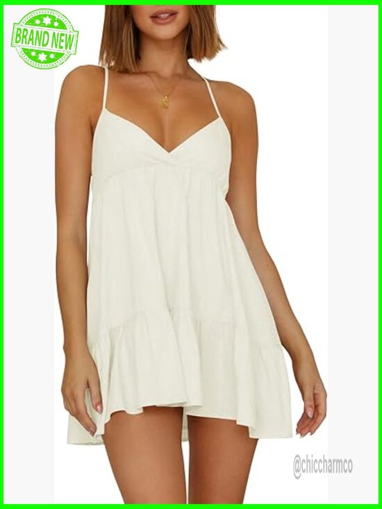 Dresses & Skirts - V Neck Crisscross Backless Tie Back Ruffle Hem Flowy Swing Mini Dress